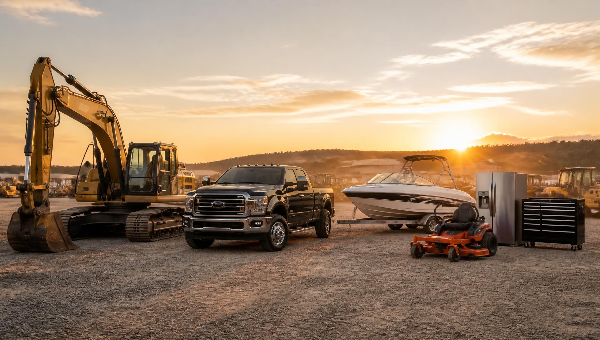 Excavator, pickup truck, boat, mower, refrigerator and tool chest lined up in an auction yard at sunset
